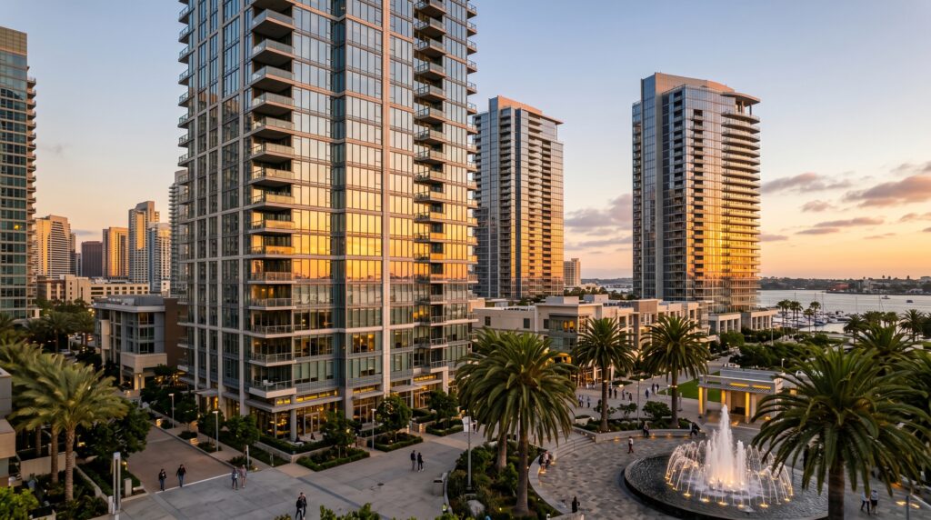 Modern downtown San Diego high-rise condo towers at golden hour with glass balconies, palms and a plaza fountain