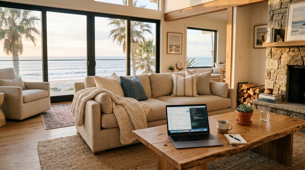 Furnished San Diego beach house living room with ocean view, laptop and cozy furnishings in winter coastal light