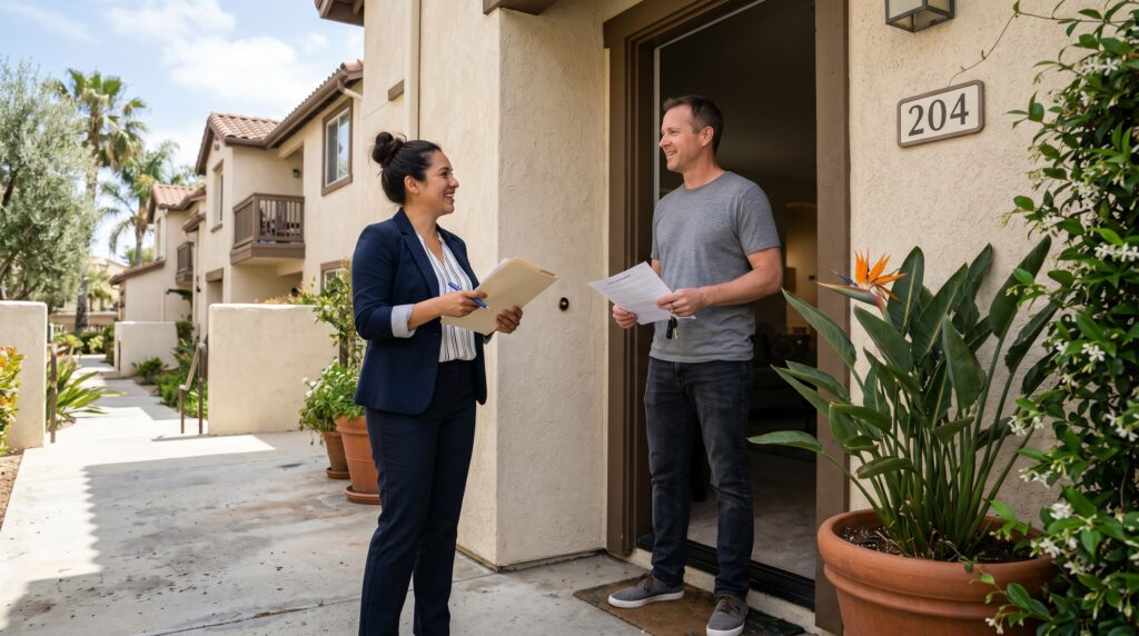 Property manager and tenant having a calm professional conversation with paperwork at a San Diego apartment doorway