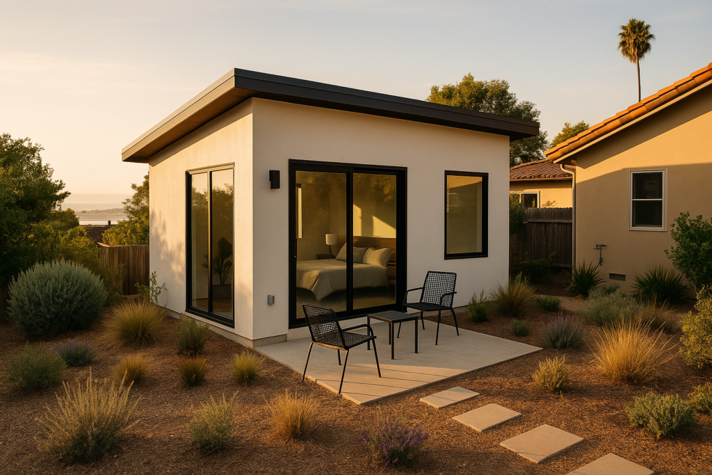 Modern detached backyard ADU cottage with a patio behind a Point Loma San Diego home at golden hour