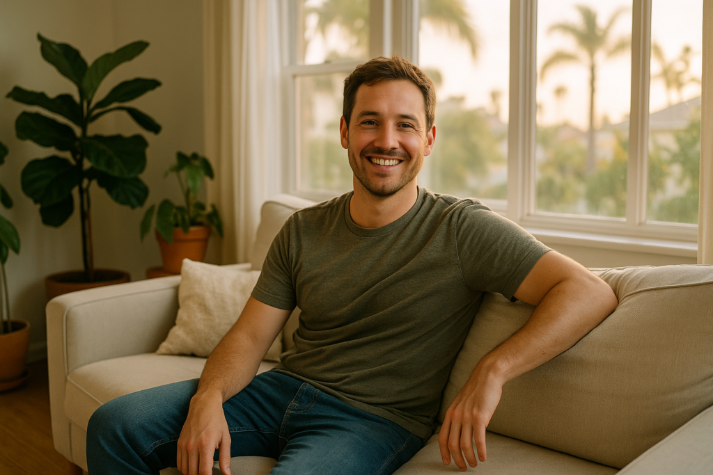 Content tenant smiling on a sofa in a bright well-kept San Diego rental living room with plants and palms outside