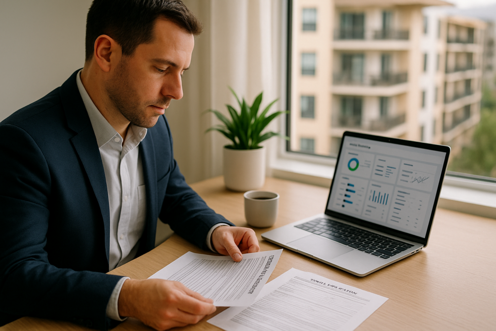 Property manager reviewing rental applications with a screening dashboard on a laptop, San Diego apartment through the window