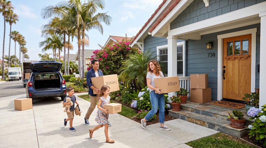Young family moving into a Coronado San Diego coastal home with moving boxes on a sunny day