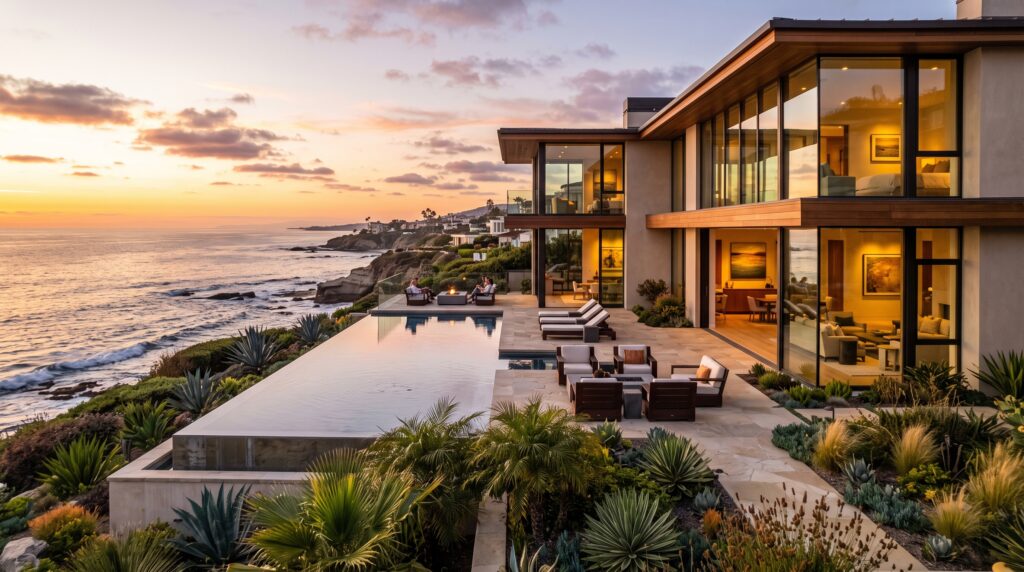 Elegant modern La Jolla luxury coastal home with infinity pool overlooking the ocean at golden hour