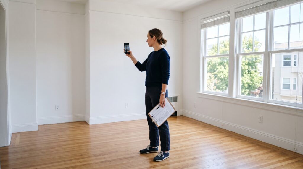 Person photographing an empty clean rental room with a smartphone and clipboard during a move-in inspection