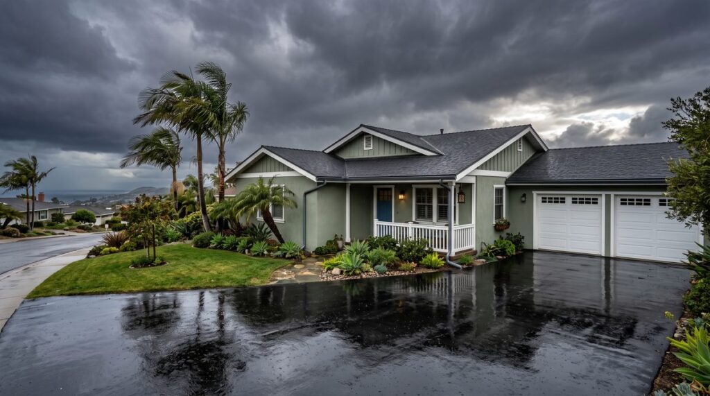 A San Diego home under a dramatic pre-storm sky with clean gutters channeling rain, representing storm readiness