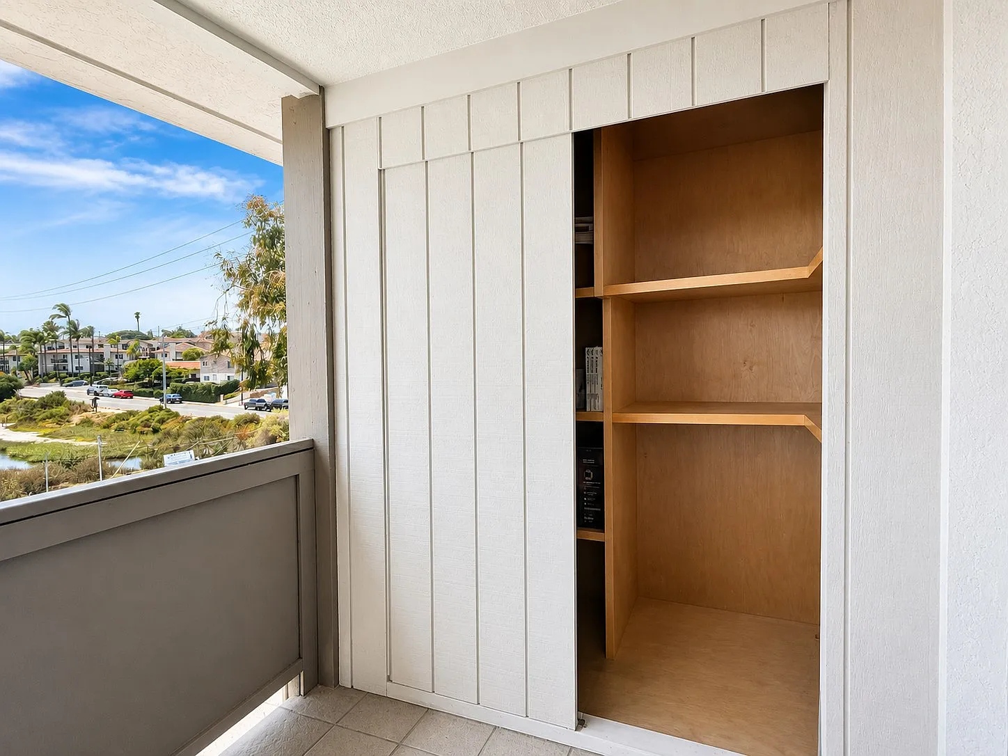 Private balcony storage cabinet with lagoon view, Point Loma