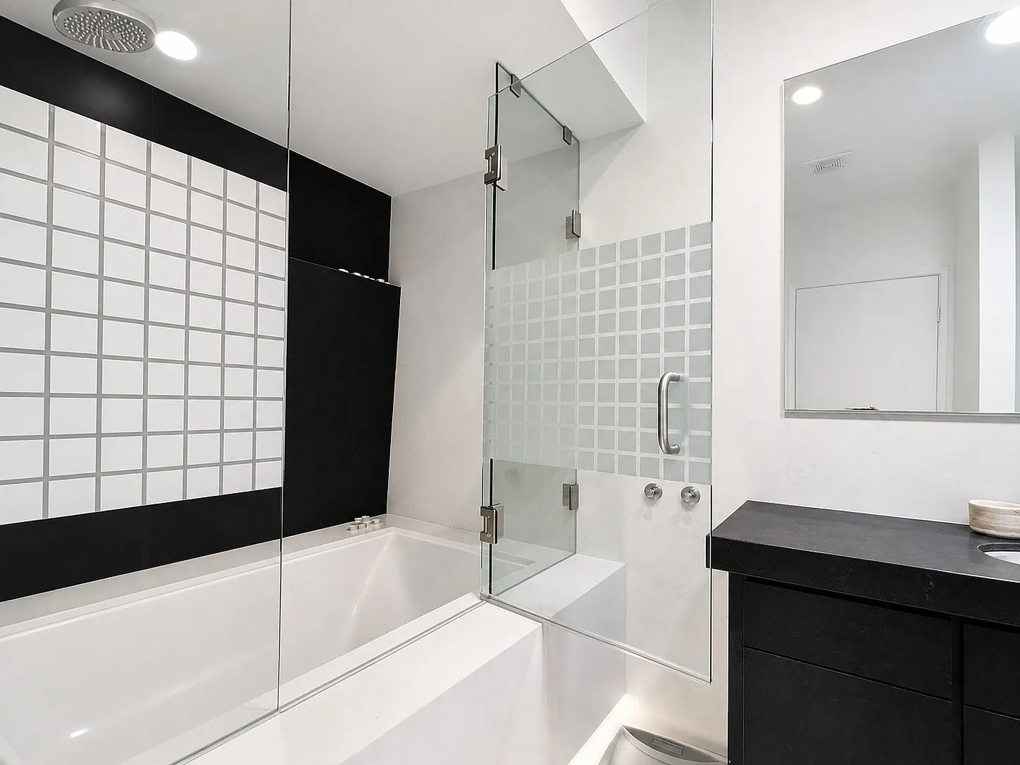 Renovated bathroom with tub and tempered-glass shower, Point Loma