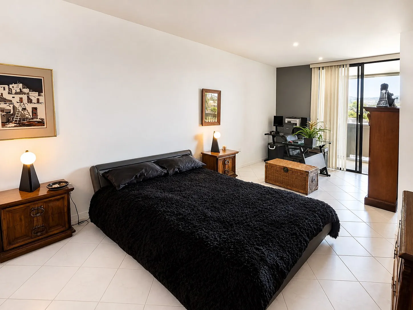 Bedroom with balcony and lagoon view, furnished Point Loma condo