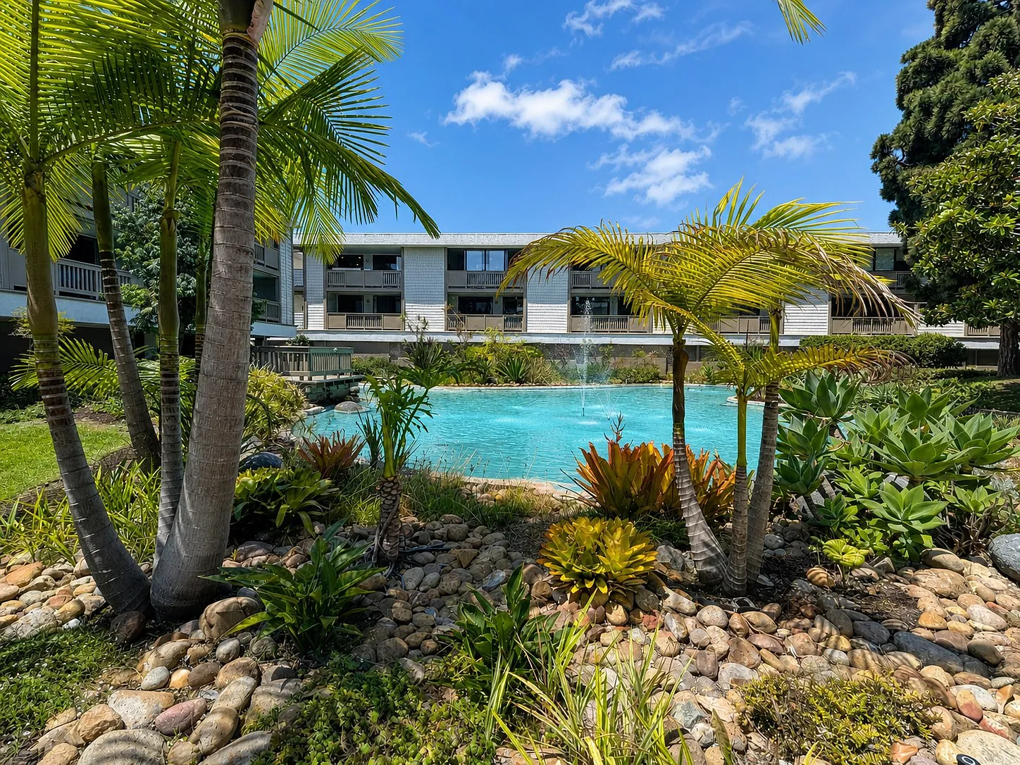 Resort-style pool with fountain and gardens, Westview Condominiums Point Loma