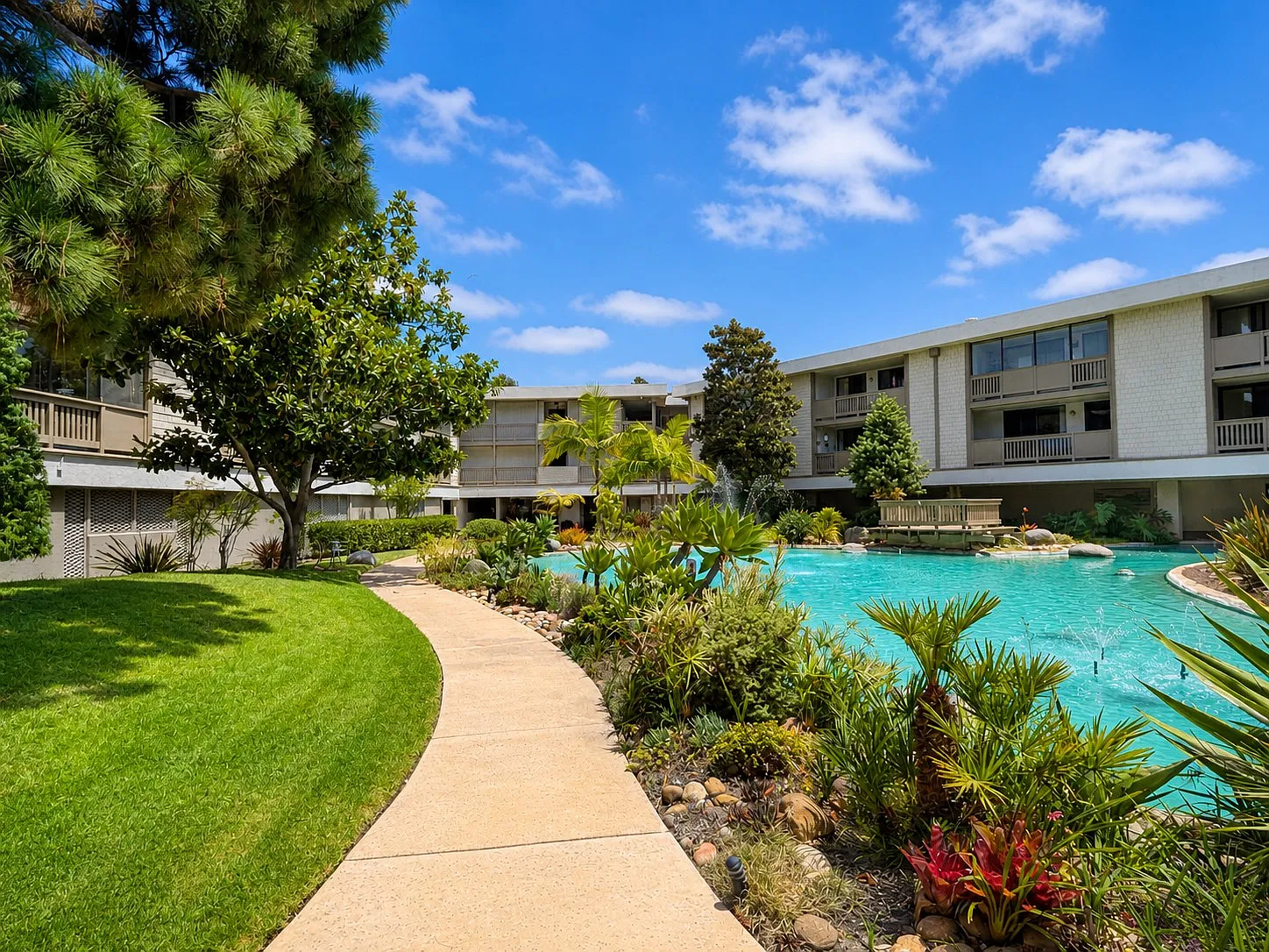 Westview Condominiums pool and landscaped grounds by the lagoon, Point Loma