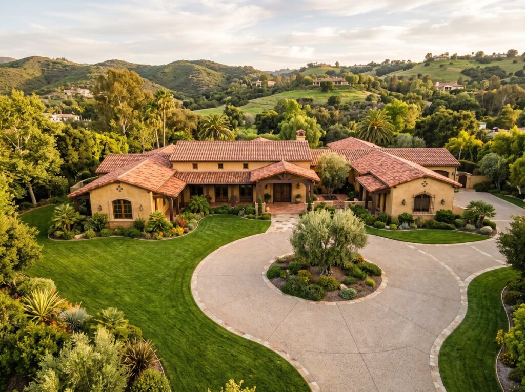A spacious Bonita ranch-style estate home with tile roof, circular driveway, and green hills