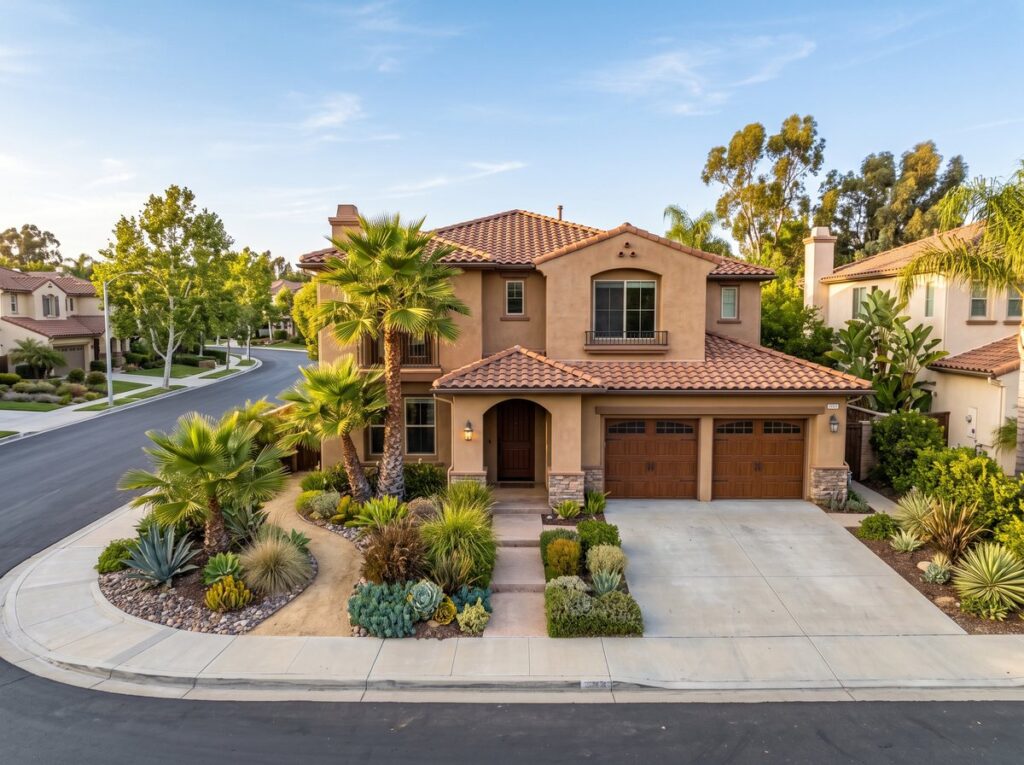 A two-story Chula Vista family home with tile roof and drought-tolerant landscaping