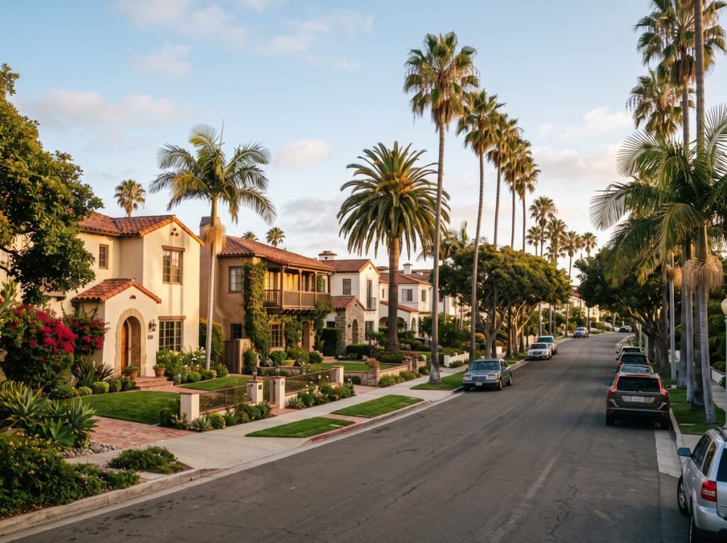A quiet upscale San Diego residential street with Spanish-style homes and palm trees